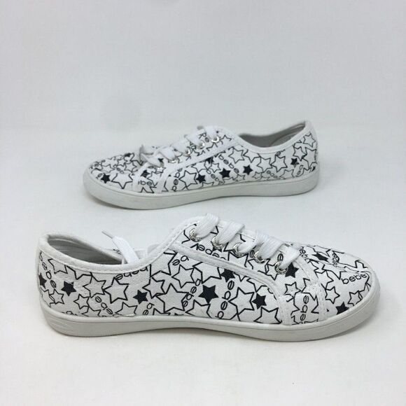 Bebe Women's Sneakers White Black Size 9 Daney Canvas Stars Logo Print Lace Up - Picture 6 of 8
